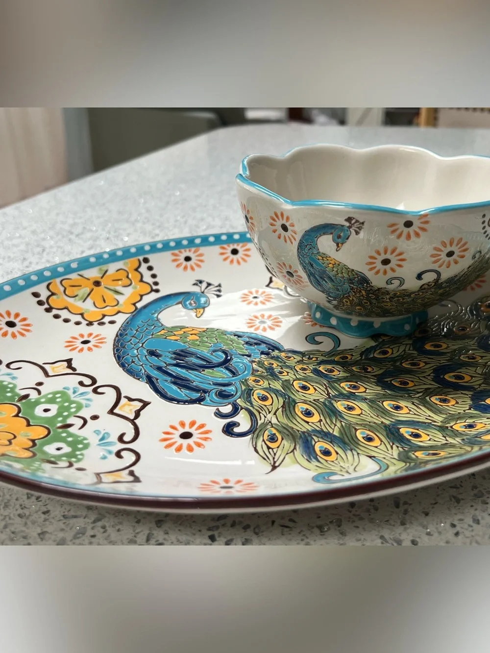 Artistic Accents Hand-Painted Platter & Bowl Peacock Coastline Imports EUC